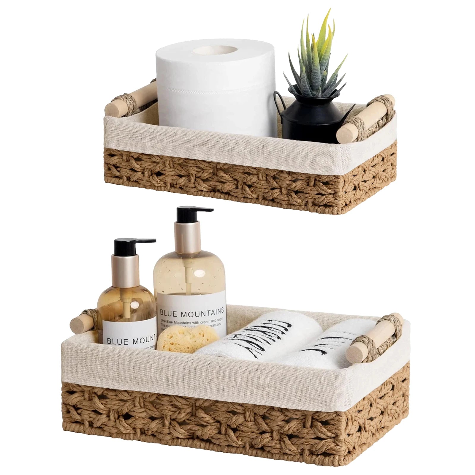 Small Wicker Baskets for Shelves, made of Natural Fiber, Storage Baskets used for Bathroom, Bedroom, Office, Set of 2