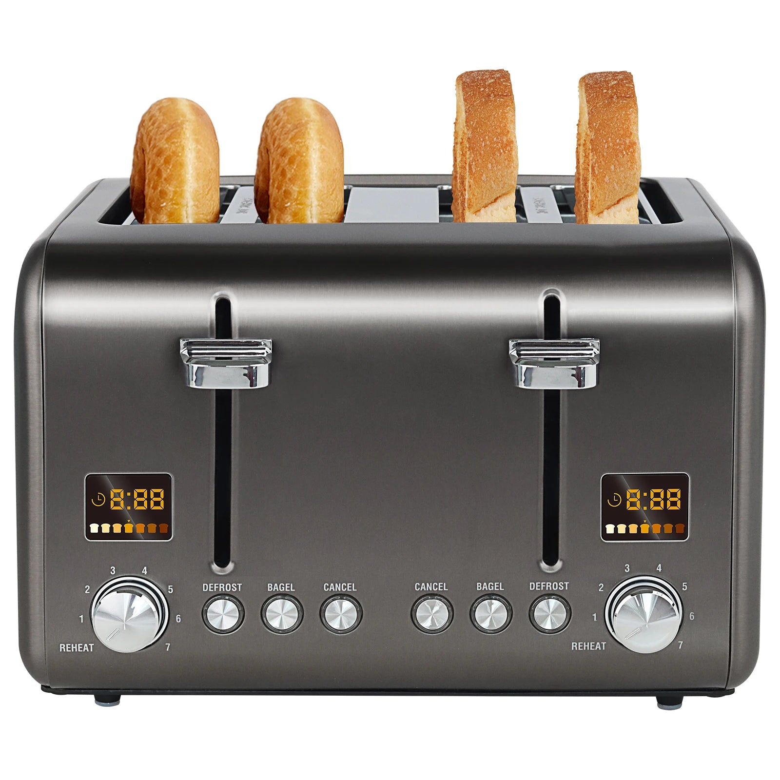 4 Slice Toaster,Stainless,Smart Control,7 Bread Shade Settings,1.4'' Wide Slots,4-in-1 Functions,Removable Crumb Tray,Grey,1800W