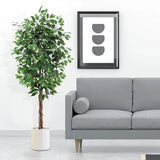 Artificial Ficus Tree Tall Fake Ficus Silk Tree with Natural Wood Trunk in Plastic Nursery Pot for Indoor Outdoor Office Decor