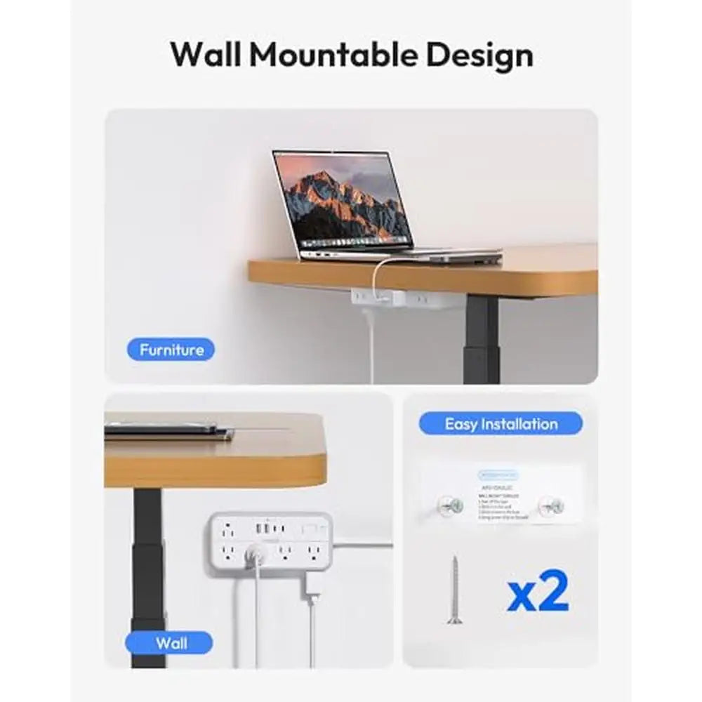 25FT Surge Protector Power Strip 10 Outlets 4 USB Ports 2 USB-C Flat Extension Cord Outlet with Overload Protection 2700J Wall