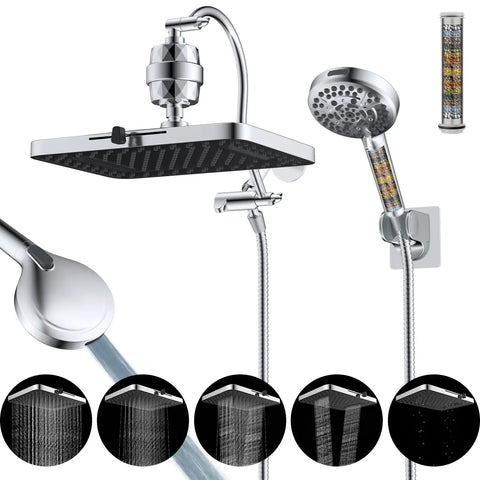 Upgraded 5-spray 13'' Dual Filtered Rainfall Shower Head Combo High Pressure  Handheld Shower Head  20 Stage Shower Filter