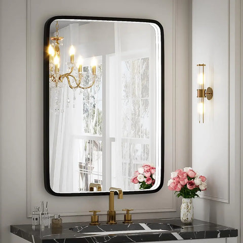 36x24 Inch LED Bathroom Mirror with Lights Metal Frame Mirror Wall Mounted Lighted Vanity Mirrors for Wall Anti Fog Bath Mirrors