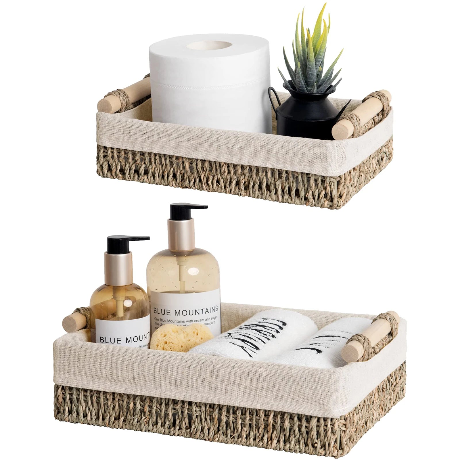 Small Wicker Baskets for Shelves, made of Natural Fiber, Storage Baskets used for Bathroom, Bedroom, Office, Set of 2