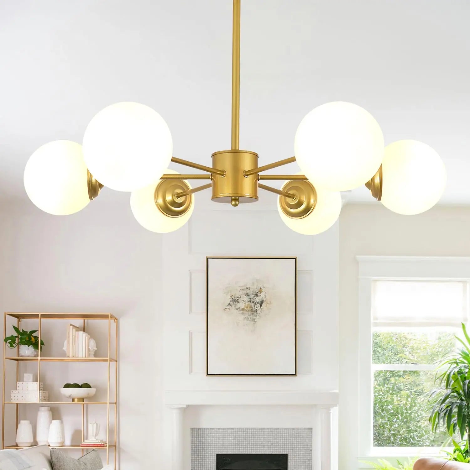 Modern Gold Globe Sputnik Chandelier, 6-Light Mid Century Pendant Light Fixtures with Glass Ball Shades, Elegant Vintage Design