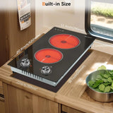 Karinear 110V Electric Ceramic Cooktop 2 Burners,12 Inch Knob Control Countertop & Built-in, 9 Heating Level, 2000W(Silver Knob)