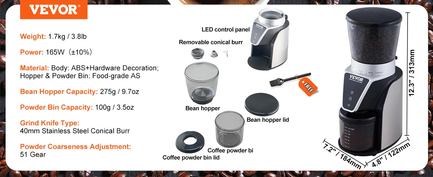 VEVOR 40MM Conical Burr Grind Setting Coffee Bean Electric Grinder Mocha Espresso Adjustment Coffee Machine for Home and Kitchen